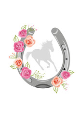 Stylized horseshoe with floral wreath