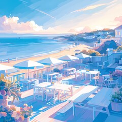 An inviting seaside promenade adorned with pastel-hued cafe tables and umbrellas, perfect for a tranquil sunset experience.