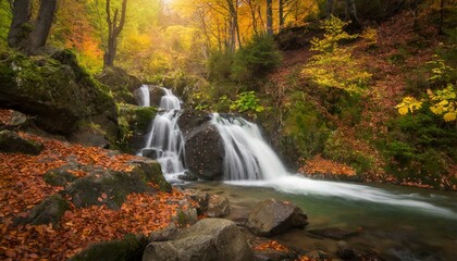 Waterfall cascade in autumn forest ai landscape