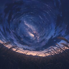 Stunning Cosmic Scene Over Majestic Field of Swaying Grasses - obrazy, fototapety, plakaty