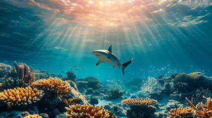 Ocean floor underwater seascape with shark reef - obrazy, fototapety, plakaty