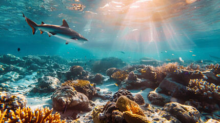 Ocean floor underwater seascape with shark reef