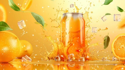 An orange juice can with a burst of juicy liquid and ice cubes. Perfect for a refreshing lemonade or fruit soda ad - obrazy, fototapety, plakaty