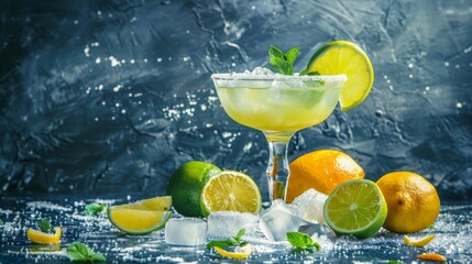 Refreshing alcoholic margarita with crushed ice and citrus fruits, summer drink