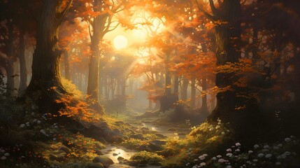 Digital painting of a beautiful autumn forest with fog and sunbeams