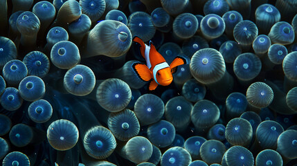 Orange clown fish swimming in sea anemon - Powered by Adobe