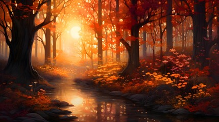 Autumn forest landscape with fog and sun rays. 3d render