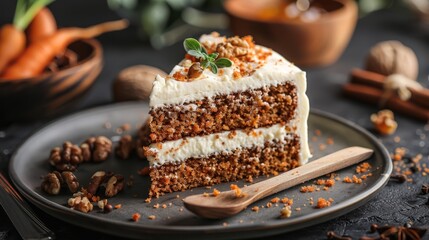   A carrot cake slice rests atop a plate Nearby, a wooden spoon and a bowl of nuts await