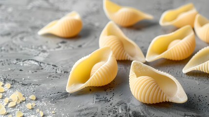 Uncooked conchiglie pasta on grey table, closeup