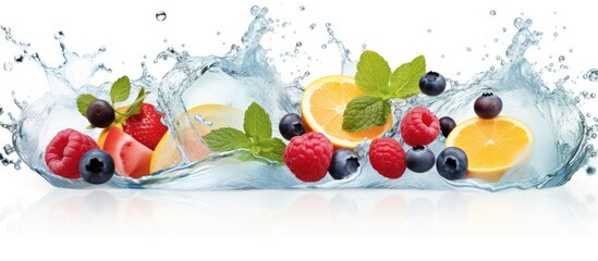 Fruit and berries with water splashing on white background