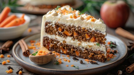   A carrot cake slice on a plate, near carrots in a bowl and a wooden spoon