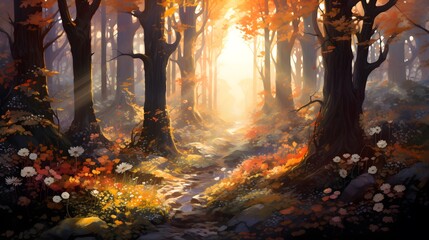 Fantasy autumn forest with fog and sun rays. Digital painting.