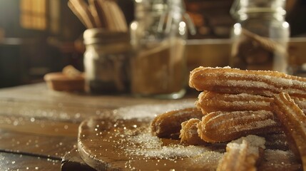 Traditional churros sticks with cinnamon and sugar powder 