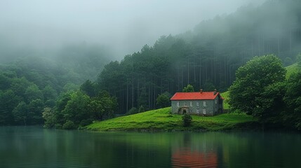   A small house atop a verdant hill, nestled by a body of water, boasts a red-roofed peak