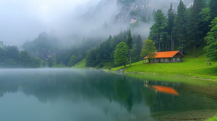 Fototapeta na wymiar A house perched atop a lake's edge, ensconced by a verdant hillside blanketed in fog and low-lying clouds