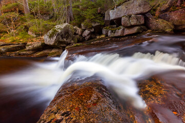 Beautiful view of the cascades of the river in the mountain valley