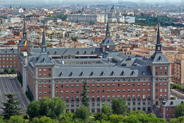 Fototapeta na wymiar Panoramic hi-res view of Madrid, capital of Spain, with the General Headquarters of the Air and Space Force of Spain, and the Royal Palace at the back