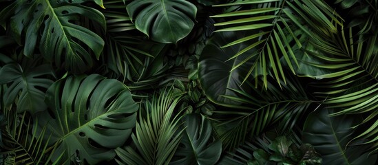 Fototapeta na wymiar Close-up view of a dark, tropical background featuring green leaves and palm trees in a flat lay orientation.