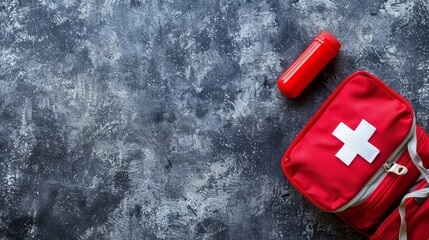 Red first aid pouch with white cross on a gray concrete background.