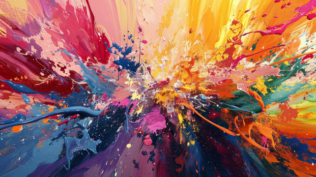 A colorful painting with splatters of paint that looks like a burst of color