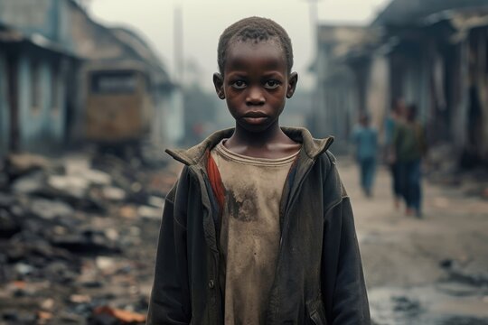 A poor African child stands dirty and hungry in the slums. Concept of hunger and injustice in the world.
