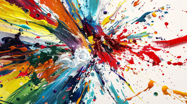 A colorful explosion of paint splatters on a white background