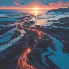 Fotobehang Breathtaking Aerial View of Vibrant Red Lava Flowing into the Sea at Sunset © RobertGabriel