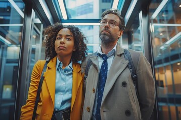 A mature man and a young woman, both wearing glasses and yellow jackets, share an elevator ride