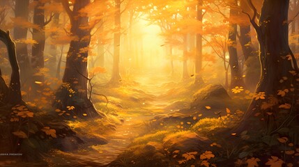 Autumn forest with fog in the morning, 3d render illustration