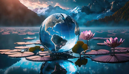earth day, World globe in water drop on cloverleaf