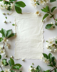 Splendidi fiori di ciliegio bianchi incorniciano un biglietto vuoto su uno sfondo bianco immacolato, perfetto per creazioni ispirate alla primavera. - 791093389