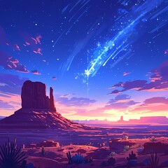 Stunning Vivid Monument Valley Desert Sky with Shooting Star and Streaked Clouds - obrazy, fototapety, plakaty