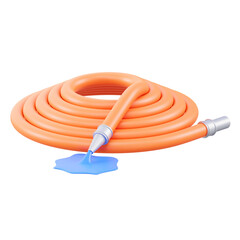 3D rendered orange water hose with blue water spill