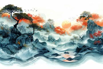 a marine chronicle, combining abstract shapes and marine elements to evoke the changing seasons and weather conditions underwater