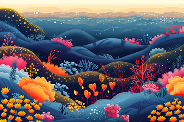 a marine chronicle, combining abstract shapes and marine elements to evoke the changing seasons and weather conditions underwater