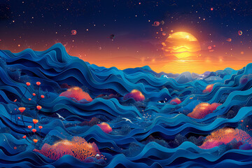 a marine chronicle, combining abstract shapes and marine elements to evoke the changing seasons and weather conditions underwater