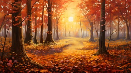 Autumn forest with sunbeams and fog. Panoramic image
