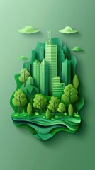 A stylized, vertical illustration of a green cityscape with trees and clouds - obrazy, fototapety, plakaty