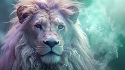 Mighty lion against a background of cloud or fog.