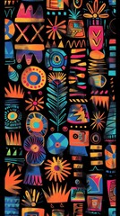 This is a vibrant, abstract artwork with a variety of colorful patterns and shapes
