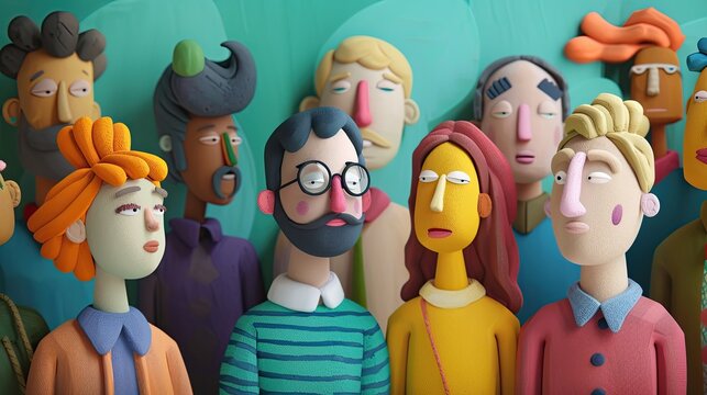 A colorful gathering of quirky clay characters with expressive faces