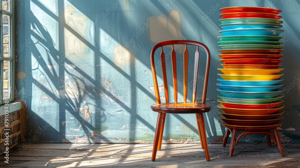 Poster   A wooden chair is flanked by a vibrant stack of plates against a blue wall Nearby, a window lets in natural light