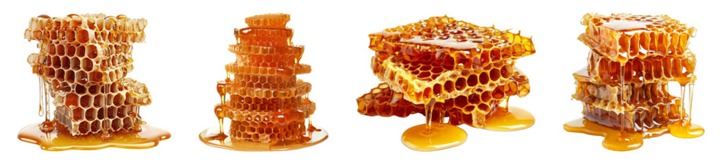 Natural honeycomb stacks with dripping honey isolated cut out png on transparent background