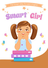 Girl with a book, Smart Girl, motivation for easy learning English. Poster, template, cover, paper, banner. Vector illustration. 