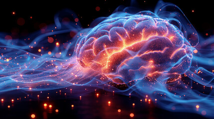 A brain with a blue and orange glow - obrazy, fototapety, plakaty