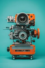 A unique vintage camera robot with an industrial design stands against a vibrant blue backdrop. This retro-futuristic concept combines analog machinery with robotic elements, symbolizing the evolution