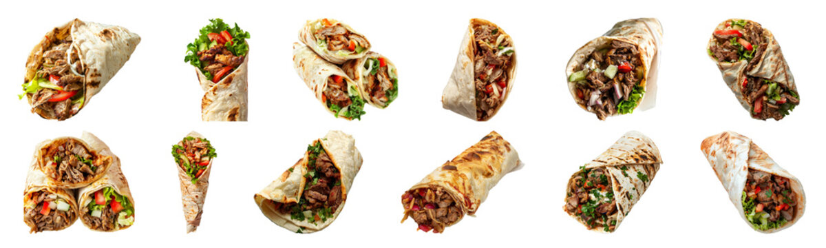 Assortment of grilled beef shawarma wraps with fresh vegetables cut out png on transparent background