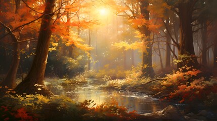 Panoramic image of beautiful autumn forest in the morning with fog