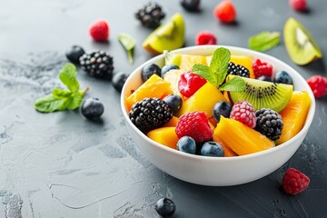 Fresh fruit salad in bowl - healthy mix of fruits in dish for summer snack and diet