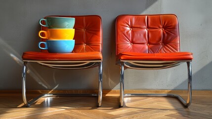   Two chairs situated next to each other atop a hardwood floor A stack of cups rests atop them - obrazy, fototapety, plakaty